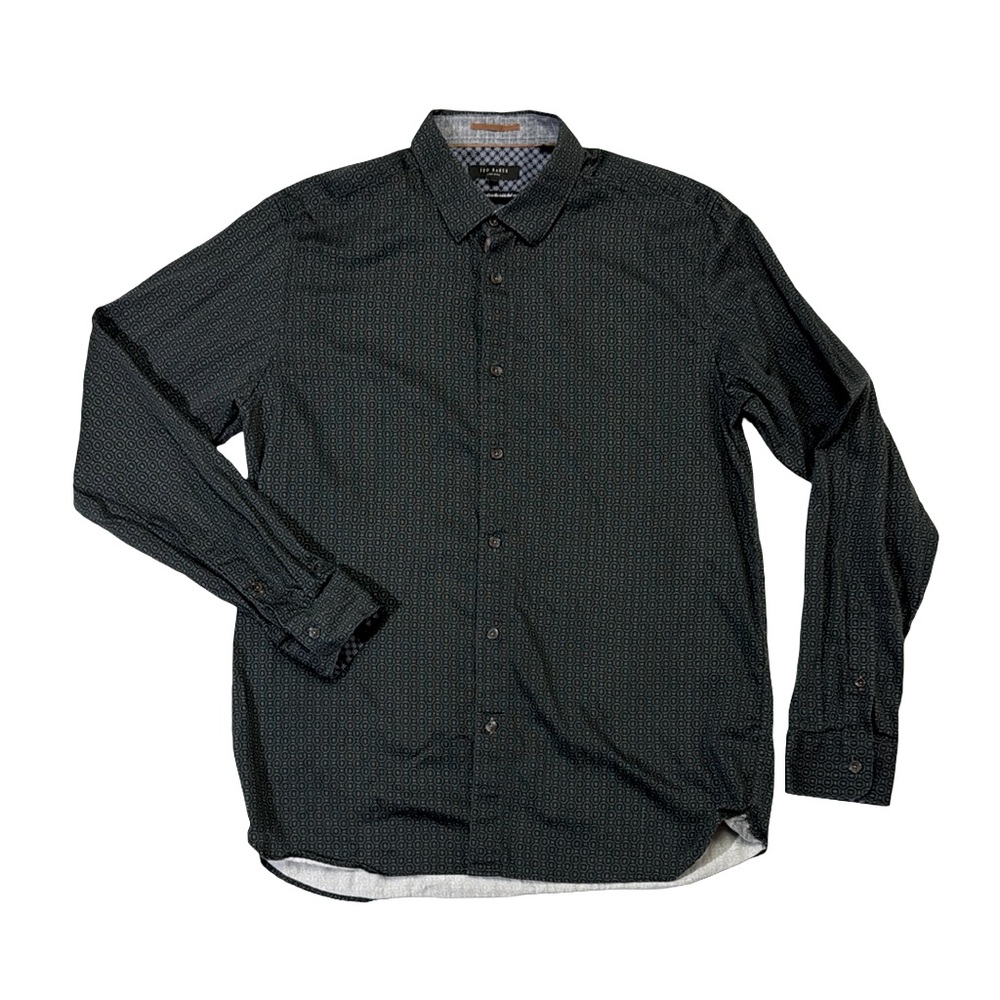 Ted Baker mens 5 L Large black geo print slim fit button up shirt EUC